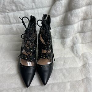 Izabella Rue Grette black studs lace up heels pointed toe with back zipp…